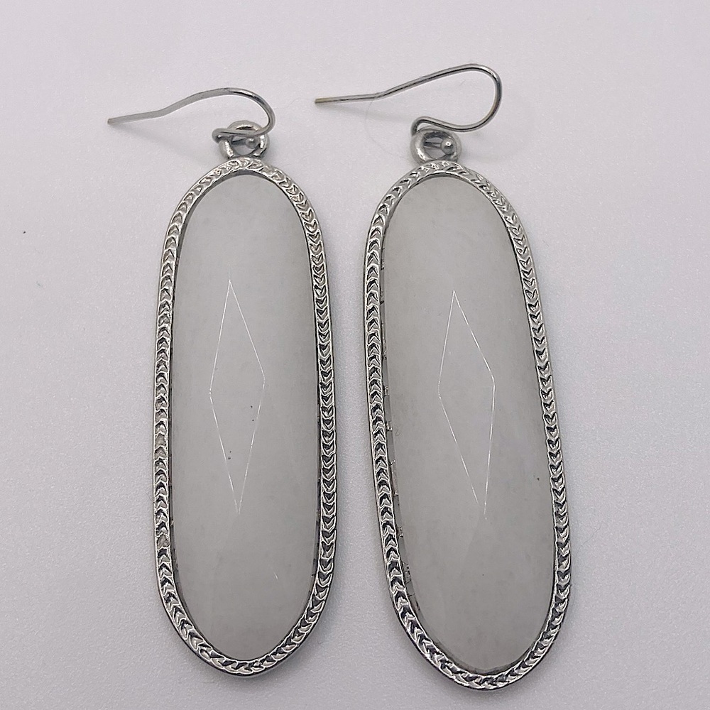 Long Geometric White Stone Silver Tone  Dangle Earrings 2.5”